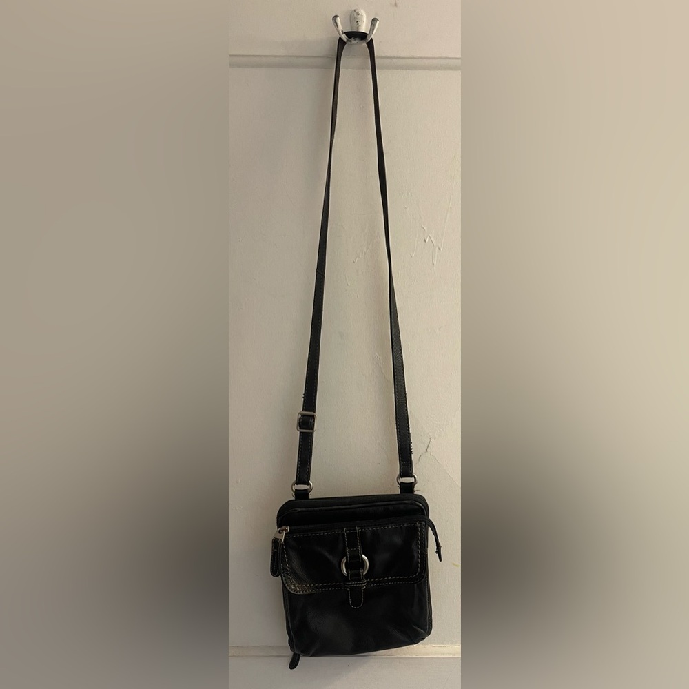 FOSSIL Early Vintage Small Black Leather Shoulder Crossbody Organizer Bag